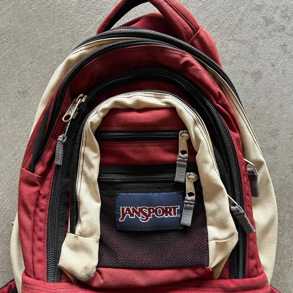 Vintage 90s JanSport Air Lift Technical Backpack Red Beige Outdoor Daypack 47120